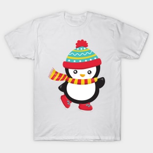 Christmas Penguin, Ice Skating Penguin, Hat, Scarf T-Shirt